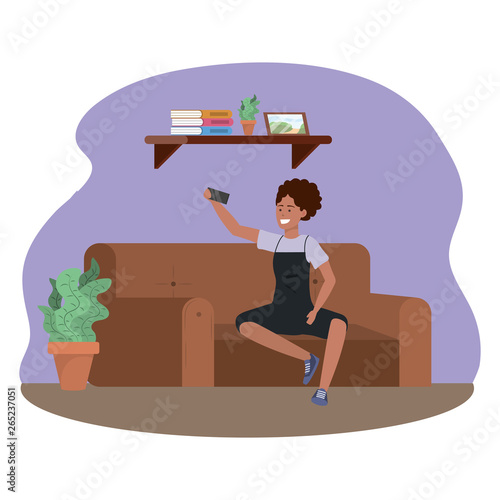 Millenial person sitting using smartphone indoors background frame