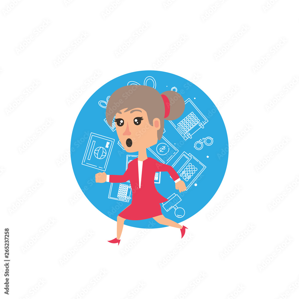 business woman running with set icons office