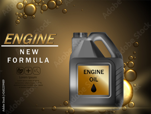 Engine oil advertisement background. Vector illustration with realistic canister and motor oil on bright background. 3d ads template.