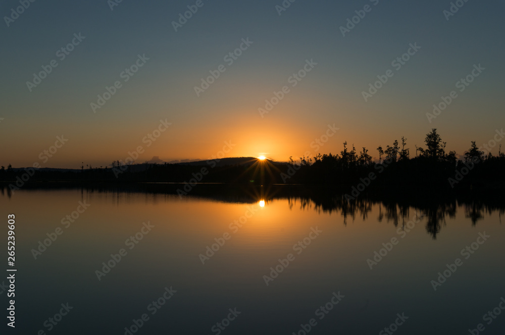 Calm and quite nature landscape on sunset with still water