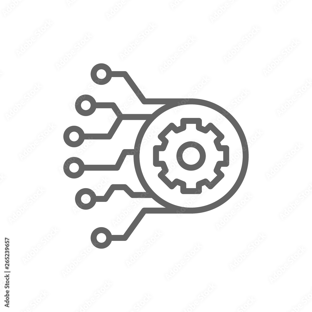 Gear with circuit board, artificial intelligence line icon. Gear with circuit board, artificial intelligence line icon.