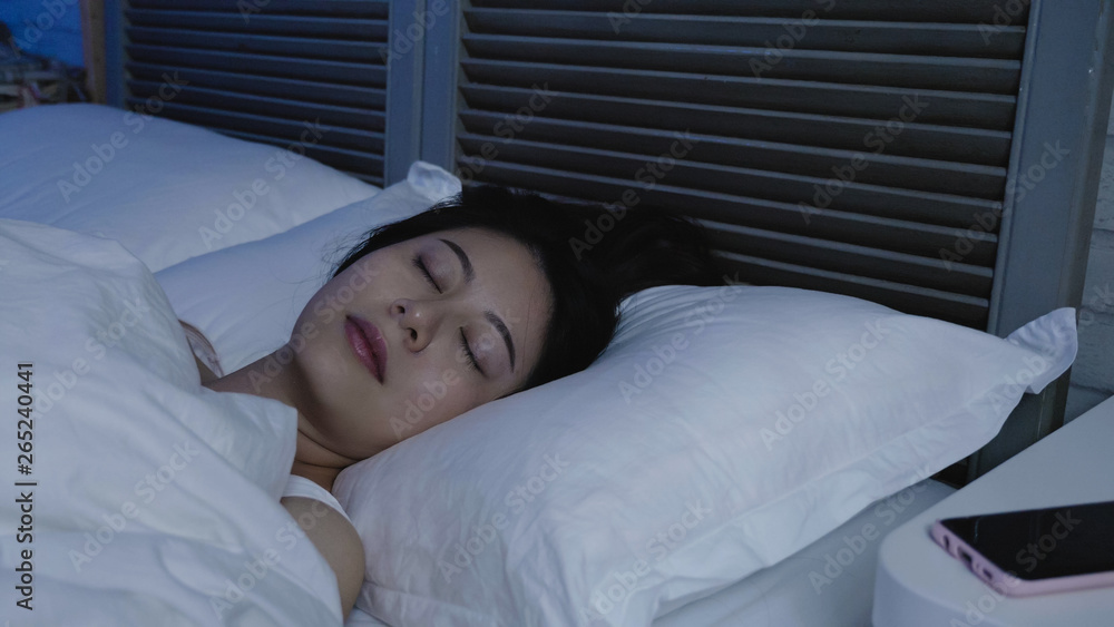 Young Asian Woman Sleeping In White Comfortable Bed At Night Beautiful Elegant Female Resting
