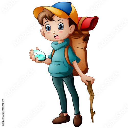 Vector illustration of little boy adventure with holding a compass