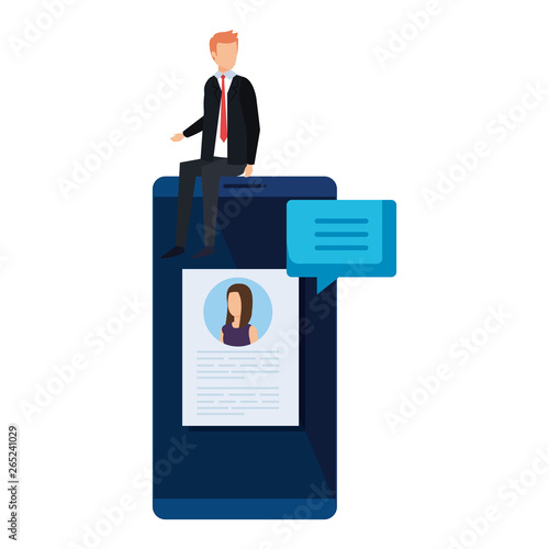 businessman sitting in smartphone with employment app