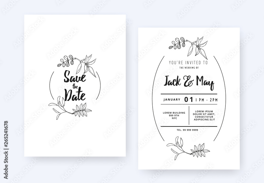 Minimalist wedding invitation card template design, foliage line art ink drawing with circle frame on white