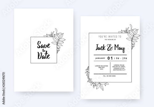 Minimalist wedding invitation card template design, foliage line art ink draw...