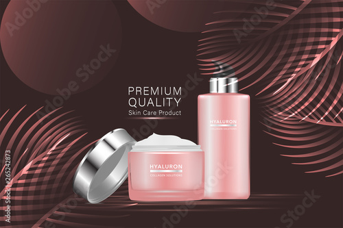 Beauty product, pink cosmetic containers with advertising background ready to use, hyaluronic acid solution skin care ad.