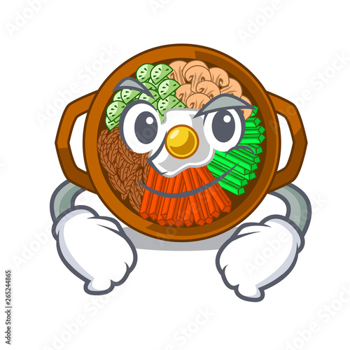 Smirking bibimbap served on mascot hot pan