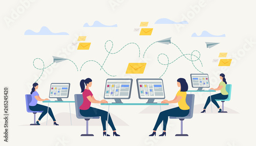 Girls Sitting at Computer Monitor. People Chatting