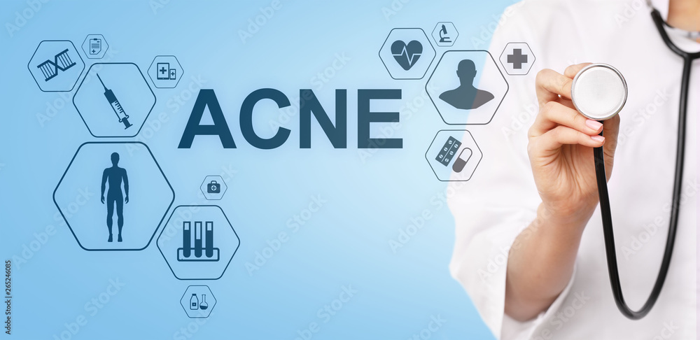 Acne diagnosis medical and healthcare concept Doctor with stethoscope. Acne diagnosis medical and healthcare concept Doctor with stethoscope.