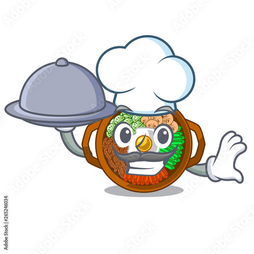 Chef with food plate containing bibimbap cartoon on table