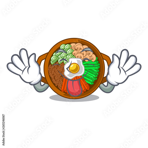 Tongue out plate containing bibimbap cartoon on table