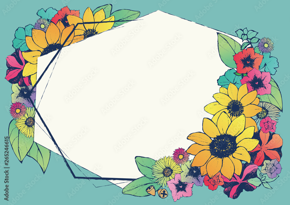 レトロ調 夏のフレーム 向日葵 手書きの花柄 背景素材 和柄 Stock Vector Adobe Stock レトロ調 夏のフレーム 向日葵 手書きの花柄 背景素材 和柄 Stock Vector Adobe Stock