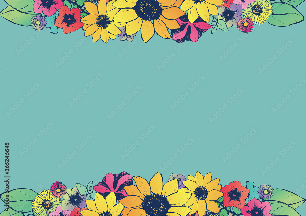 レトロ調 夏のフレーム 向日葵 手書きの花柄 背景素材 和柄 Vector De Stock Adobe Stock レトロ調 夏のフレーム 向日葵 手書きの花柄 背景素材 和柄 Vector De Stock Adobe Stock