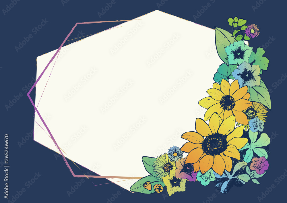 レトロ調 夏のフレーム 向日葵 手書きの花柄 背景素材 和柄 Stock Vector Adobe Stock レトロ調 夏のフレーム 向日葵 手書きの花柄 背景素材 和柄 Stock Vector Adobe Stock