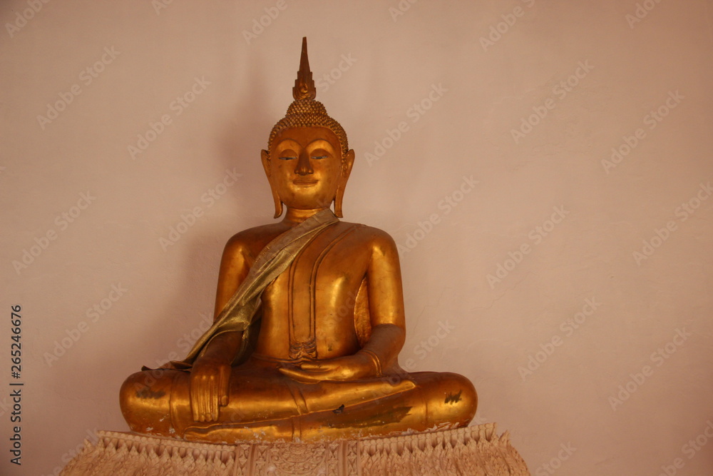 Smiling Face And Merciful Golden Buddha In Buddhist Temple In Bangkok Thailand Smiling Face And Merciful Golden Buddha In Buddhist Temple In Bangkok Thailand