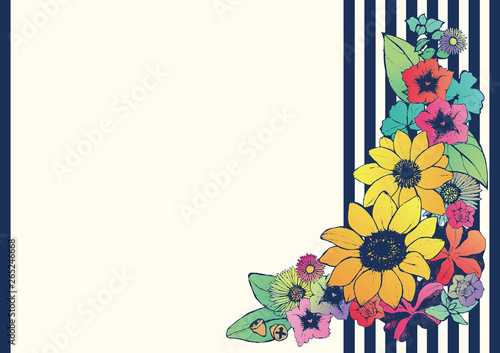 レトロ調 夏のフレーム 向日葵 手書きの花柄 背景素材 和柄 ストライプ Stock Vector Adobe Stock レトロ調 夏のフレーム 向日葵 手書きの花柄 背景素材 和柄 ストライプ Stock Vector Adobe Stock