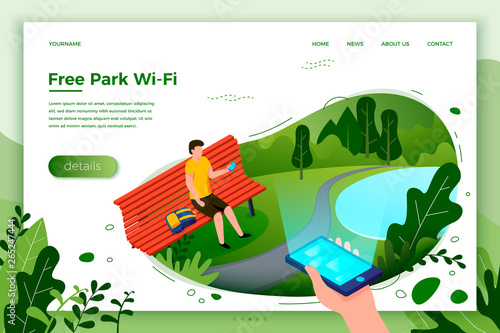 Vector park banner, man on a bench with phone