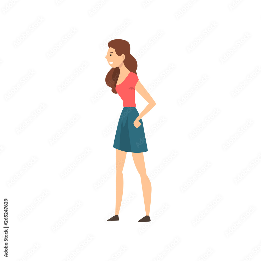Beautiful Smiling Girl Wearing Red T-shirt and Blue Skirt Vector Illustration