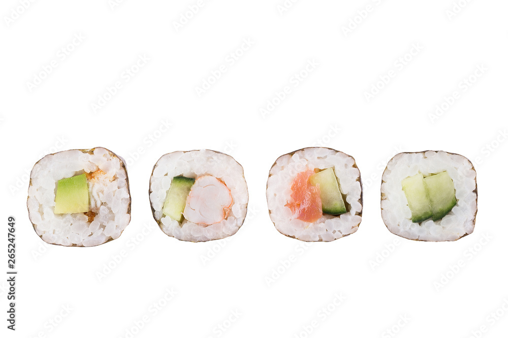 Sushi rolls isolated on white background. Collection. Close-up of delicious japanese food with sushi roll. Sushi rolls isolated on white background. Collection. Close-up of delicious japanese food with sushi roll.