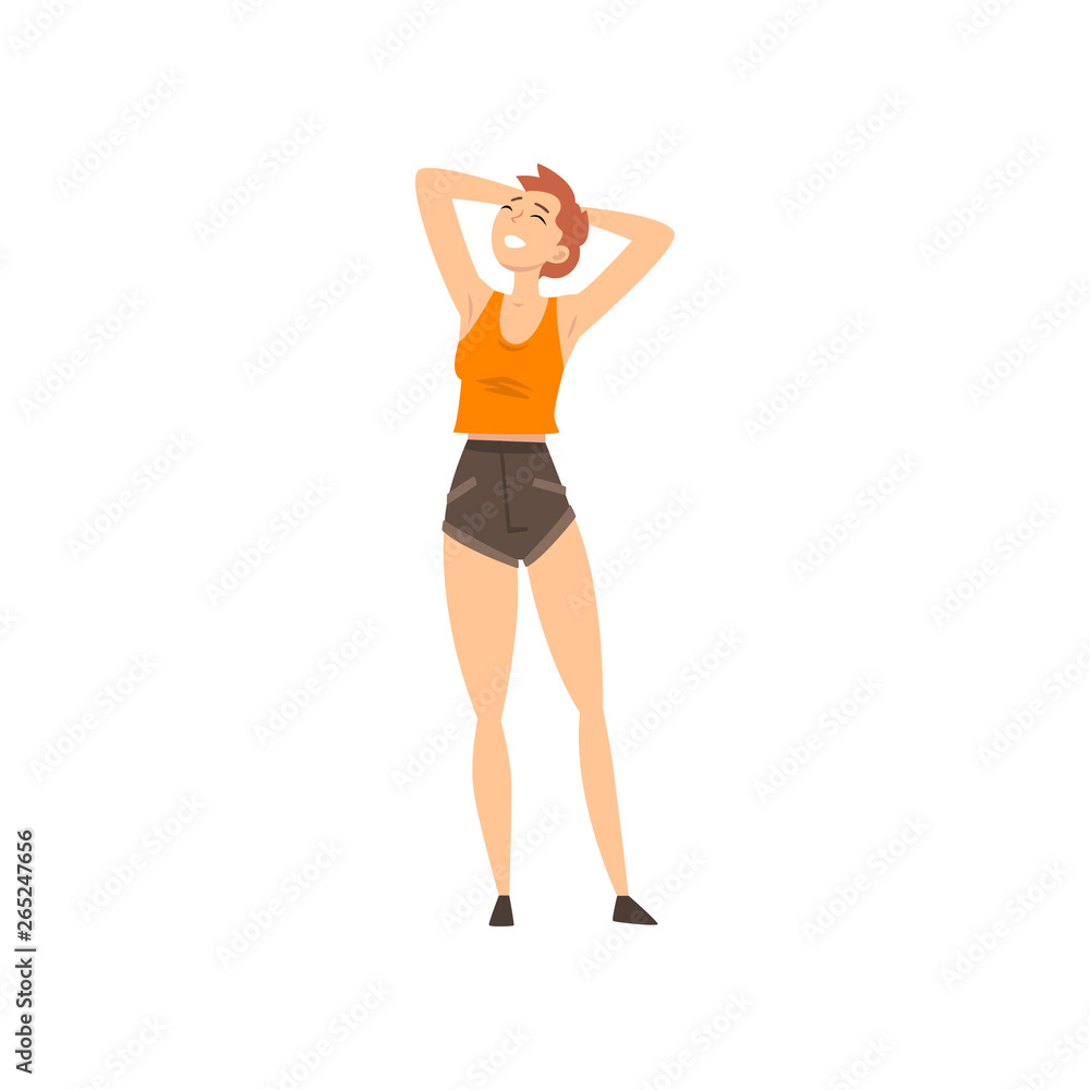 Smiling Girl Wearing Short Denim Shorts Standing with Her Hands Behind Her Head Vector Illustration Smiling Girl Wearing Short Denim Shorts Standing with Her Hands Behind Her Head Vector Illustration