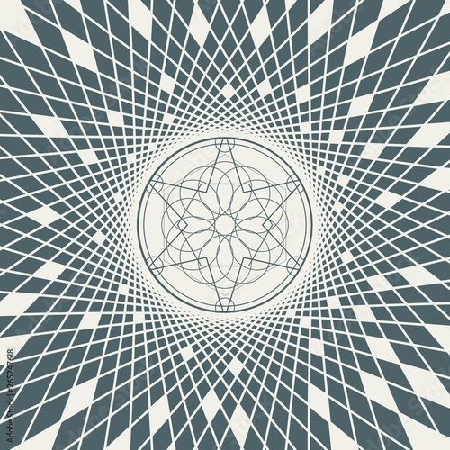 Mystical geometry symbol. Linear alchemy, occult, philosophical sign. For music album cover, poster, sacramental design. Astrology and religion concept. Geometry mosaic frame