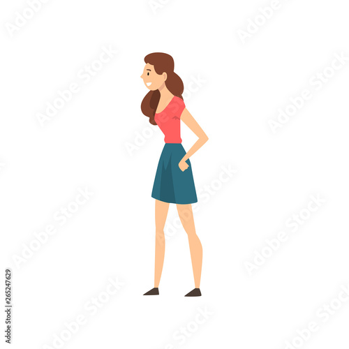 Beautiful Smiling Girl Wearing Red T-shirt and Blue Skirt Vector Illustration