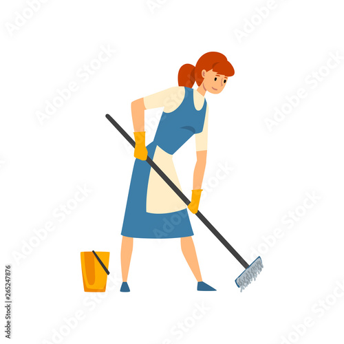 Cleaning Woman Mopping the Floor, Maid Character Wearing Uniform with Blue Dress and White Apron, Cleaning Service Vector Illustration