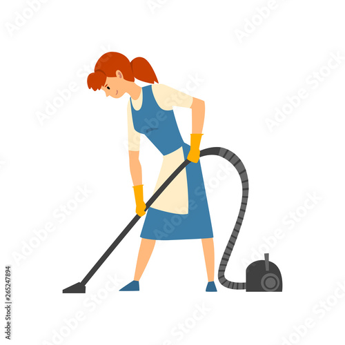 Cleaning Woman Vacuuming Floor, Maid Character Wearing Uniform with Blue Dress and White Apron, Cleaning Service Vector Illustration