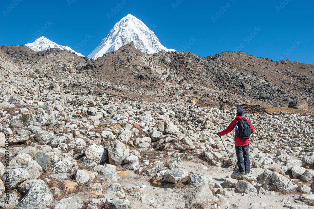 Trekker looking to the view of Mt.Pumori (7,161 metres) one of the very famous seven-thousanders in the world, during trekking to Everest base camp in Nepal.