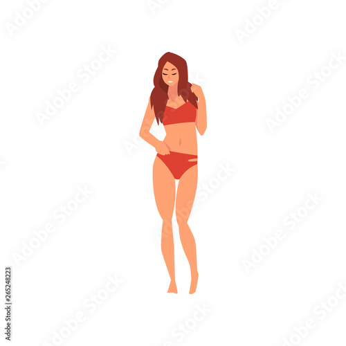 Beautiful Girl in Red Swimsuit, Young Woman with Long Hair Wearing Color Bathing Suit, Summer Fashion Vector Illustration