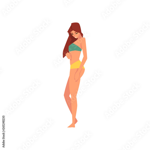 Beautiful Girl in Swimsuit, Young Woman with Long Hair Wearing Color Bathing Suit, Summer Fashion Vector Illustration