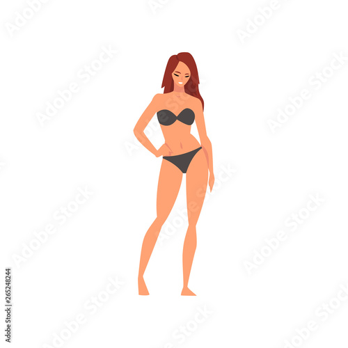 Beautiful Smiling Girl in Black Bikini, Young Woman Wearing Bathing Suit, Summer Fashion Vector Illustration