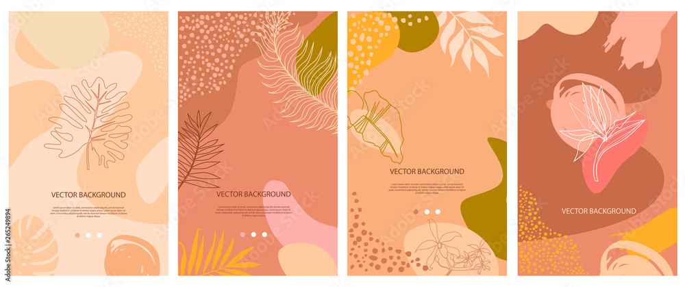 Set of abstract background with tropical elements, shapes and girl portrait in one line style. Background for mobile app page minimalistic style. Vector illustration Set of abstract background with tropical elements, shapes and girl portrait in one line style. Background for mobile app page minimalistic style. Vector illustration