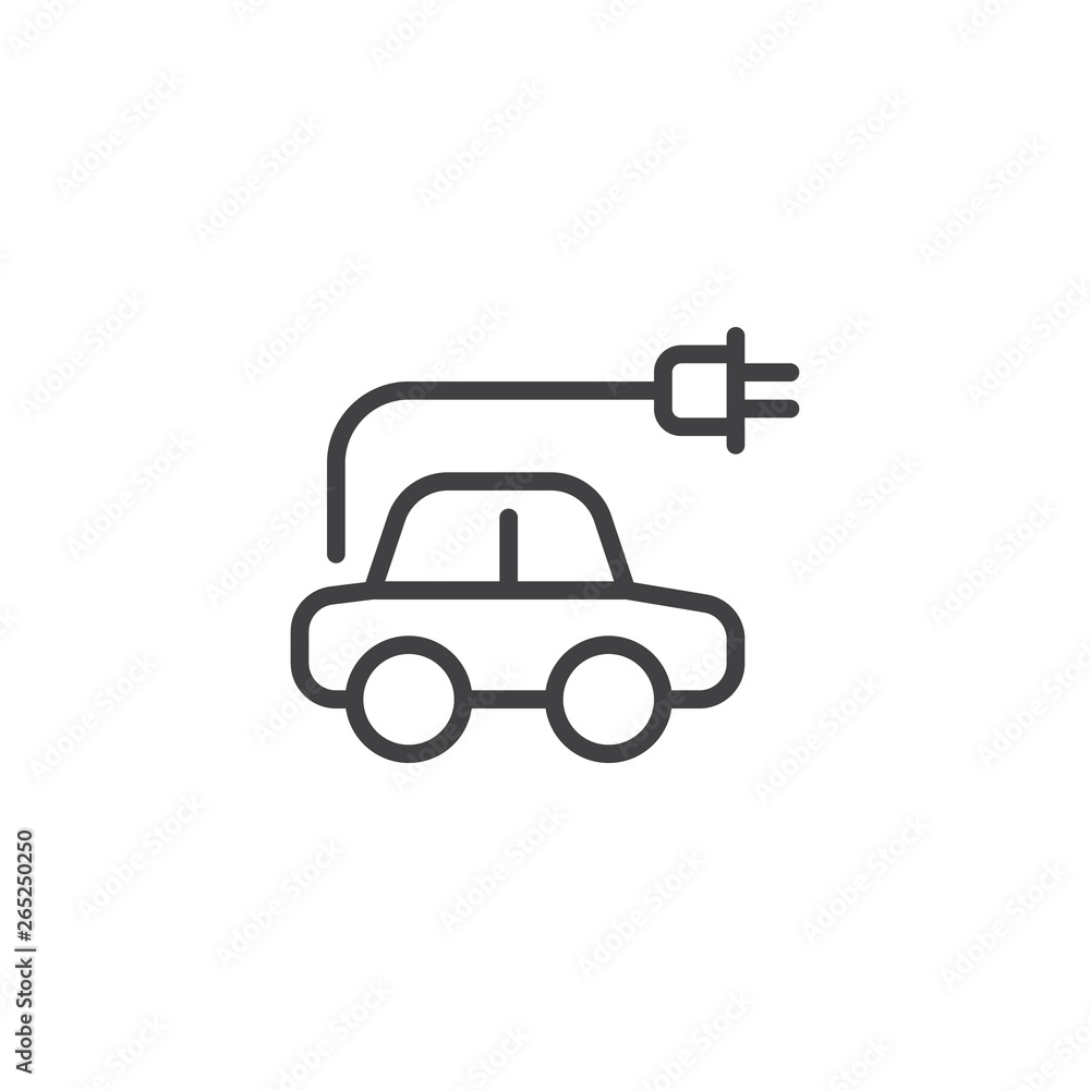Electric car line icon. Eco car linear style sign for mobile concept and web design. Auto with electric plug outline vector icon. Symbol, logo illustration. Pixel perfect vector graphics