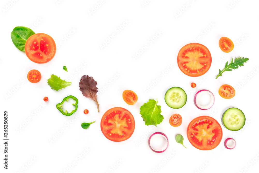 Fresh vegan vegetable salad ingredients, shot from above on a white background. A flat lay composition with organic tomato, cucumber, peppers, onion slices and mezclun leaves Fresh vegan vegetable salad ingredients, shot from above on a white background. A flat lay composition with organic tomato, cucumber, peppers, onion slices and mezclun leaves