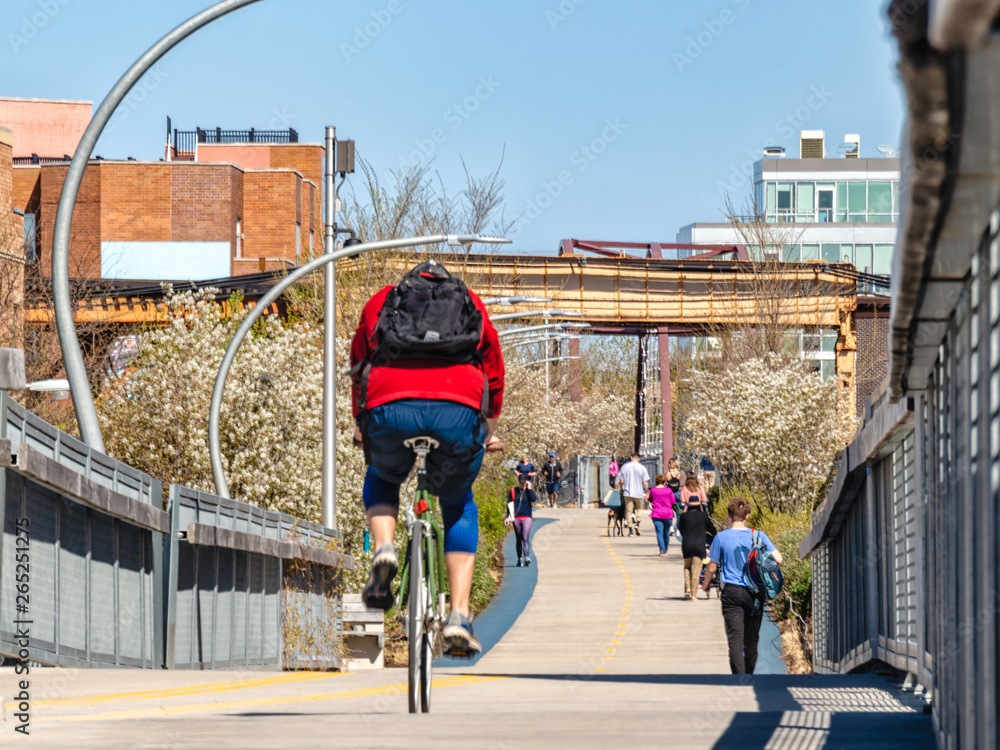 Obraz premium The 606 Bloomingdale Trail is busy with pedestrians and cyclists in Bucktown. Streets of Chicago.