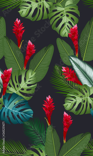 Seamless pattern tropical leaves with ginger flower on black background