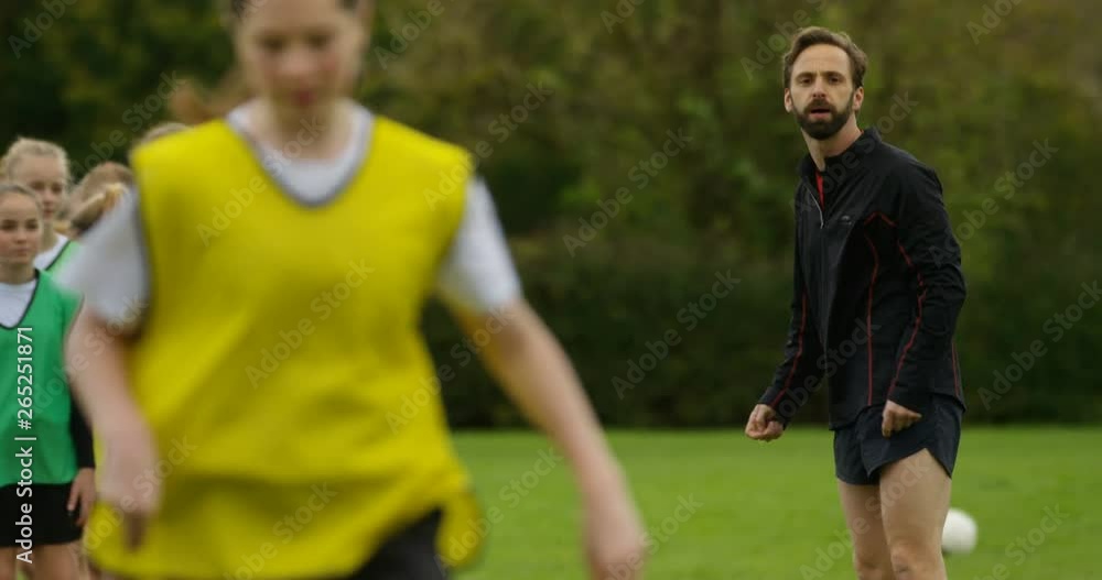 4K Coach shouting instructions to young female players training on soccer pitch. Slow motion. 4K Coach shouting instructions to young female players training on soccer pitch. Slow motion.