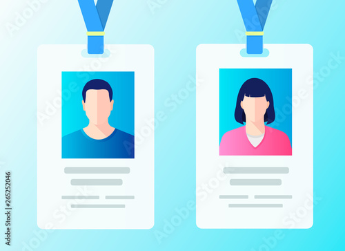 User service staff pass id Identification cards for businessman with male and female photos. Business conference concept. Flat style vector colorful illustration.