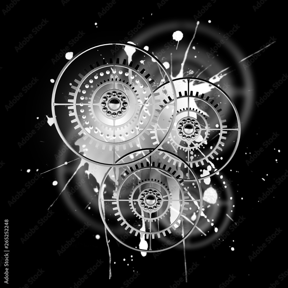 Black and white abstract composition of gears. Background with blots. Steampunk style. 3D illustration