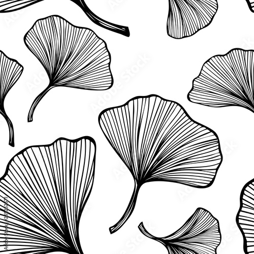 Beautiful Seamless pattern with leaves in line art style black on white background for wallpaper or for  textile  fashion drapery clothes or for decoration package or other things