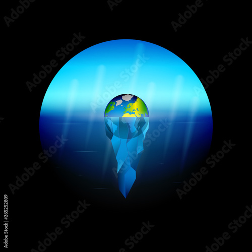 Conceptual illustration on the theme of global warming on planet Earth the melting of glaciers as an ecological disaster. Sinking Iceberg planet.