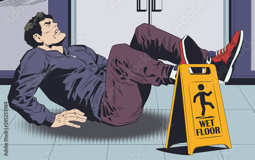 Man falls on wet floor. Warning sign. Stock illustration.