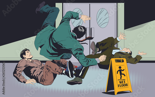 Businessman's falls on wet floor. Warning sign. Stock illustration.