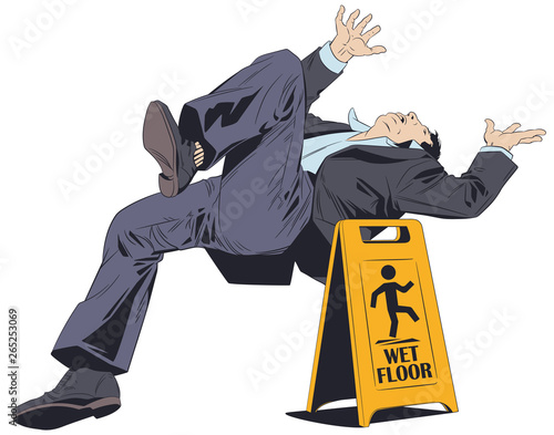 Man falls on wet floor. Warning sign. Stock illustration.