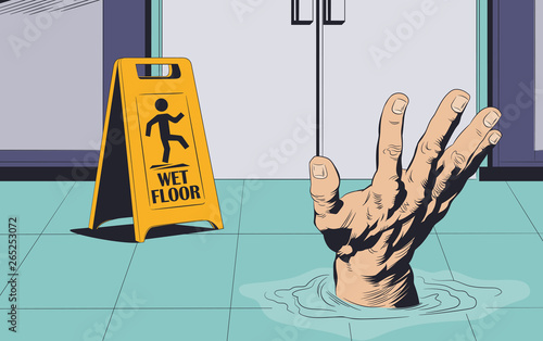 Man drowning on wet floor. Warning sign. Stock illustration.