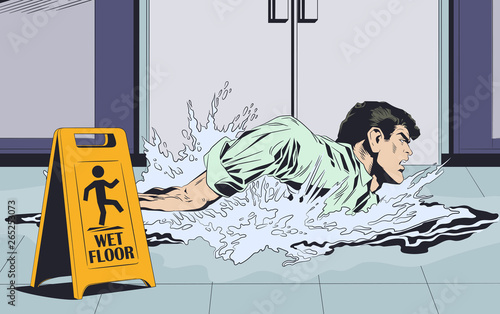 Businessman's swimming on wet floor. Warning sign. Stock illustration.