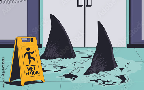 Sharks swimming on wet floor. Warning sign. Stock illustration.
