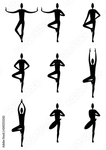 Yoga tree pose variations male set/ Illustration stylized men silhouettes in a yoga vrikshasana. From beginner to advanced 